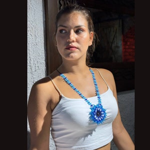 Handmade Sunflower Necklace, Bead Choker Necklace, Working Woman Gift, Handmade Needle Necklace, Mexican flower necklace, blue nacklace