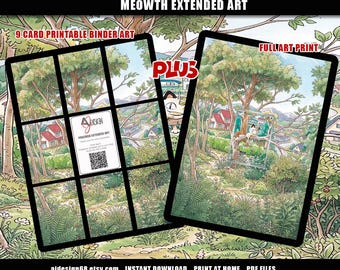 Arte estendida para fichário do Meowth Pokémon, incluindo arte para parede, tamanho padrão e Vault X, para exibição em fichário de TCG, download digital.