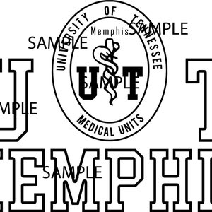 Op de afbeelding: Zwart-wit afbeelding met de tekst "U T MEMPHIS" in een vetgedrukte, omlijnde lettertype. De afbeelding bevat een cirkelvormig embleem met de woorden "UNIVERSITY OF TENNESSEE MEDICAL UNITS" en een medisch symbool.