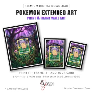 Puede incluir: Tres impresiones de arte digital enmarcadas con una criatura amarilla en un bosque morado. Texto: PREMIUM DIGITAL DOWNLOAD, POKEMON EXTENDED ART, PRINT & FRAME WALL ART, PRINT IT - FRAME IT - ADD YOUR CARD, 3 PDF FILES - 3 FRAME SIZES - PRINT ON A4 OR US LETTER AT 100%, AJ DESIGN, CARD NOT INCLUDED, DIGITAL DOWNLOAD ONLY.
