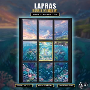 May include: A Lapras inspired extended art print displayed in a nine-pocket binder page. The artwork features a central Lapras trading card surrounded by eight panels depicting a continuous underwater coral reef scene and a sunset sky above the ocean.