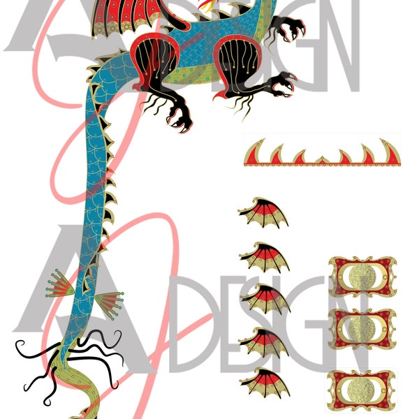 Elvis Dragon Jumpsuit & Belt Replica fabric print Embroidary  vinyl cut Pattern PDF PNG Files Fully Scaled Jumpsuit stud placement Pattern