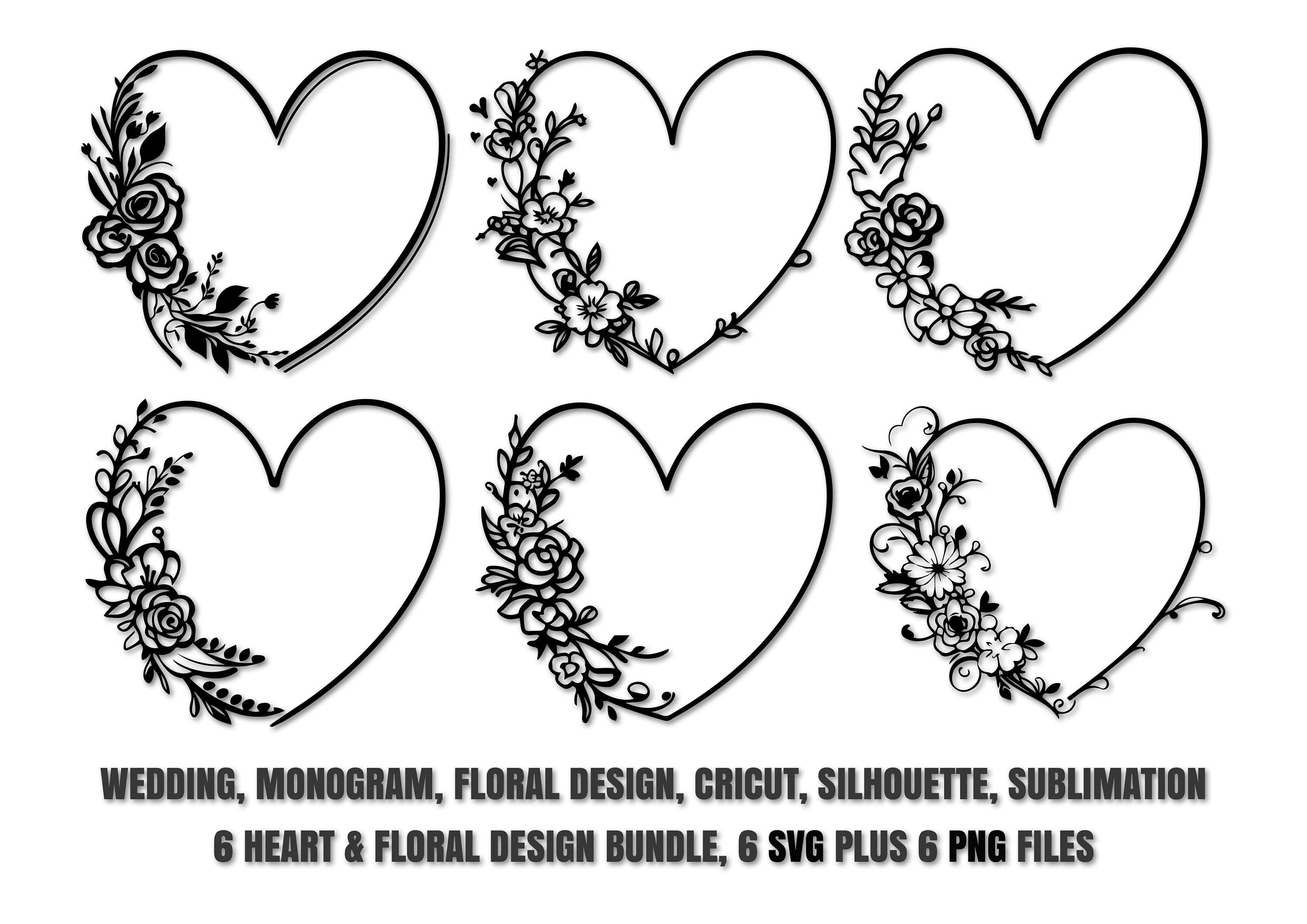6 Floral Heart Design Bundle SVG, PNG, Vector, Hand Drawn, Wedding ...