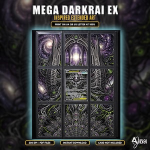Può includere: Una collezione di nove carte stampate disposte in una griglia, con illustrazioni cosmiche scure nei toni del viola e del nero, occhi verdi e motivi complessi. La carta centrale è una carta collezionabile Mega Darkrai EX.