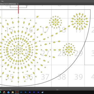 May include: A digital design layout featuring a grid with numbers and geometric patterns. The design includes a central circular pattern with radiating diamond shapes and smaller floral-like motifs. The color palette is primarily yellow and white.