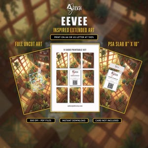 Può includere: Un set stampabile digitale con arte estesa ispirata a Eevee. L'immagine mostra un set di 9 carte, arte completa non tagliata e un layout per lastra PSA da 20,32 cm x 25,4 cm. Testo: AJ Design, Eevee Inspired Extended Art, ajdesign68.etsy.com.