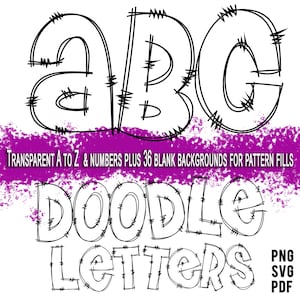 Doodle Letras A-Z e NúmerosPacote de Alfabeto Transparente Desenhado à Mão Design Personalizável SVG PDF PNG Camisetas Canecas Telefones Sublimação e muito mais
