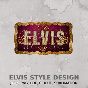 Puede incluir: Una hebilla de metal dorada con fondo de cuero rojo y la palabra "ELVIS" en letras blancas con diamantes de imitación. La hebilla tiene un diseño decorativo alrededor de los bordes.