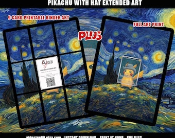 Pikachu com chapéu em arte para fichário Pokémon, incluindo arte de parede, tamanho Vault X e padrão de cartas, expositor para fichário de TCG, download digital.