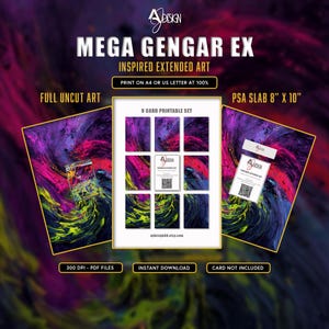 Può includere: Un set digitale stampabile intitolato Mega Gengar EX Inspired Extended Art. La grafica presenta uno sfondo astratto vorticoso viola, rosa e verde lime. Include un set di 9 carte, arte non tagliata e un layout per lastra PSA da 20,32 cm x 25,4 cm.
