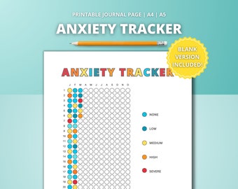 May include: Printable anxiety tracker with a grid for each day of the year. The grid is color-coded to indicate different levels of anxiety: none, low, medium, high, and severe.