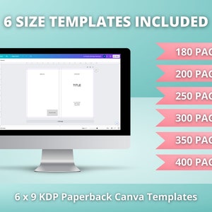 May include: A computer screen displaying a Canva design template for a 6 x 9 inch paperback book. The template shows a front and back cover with the word "TITLE" on the front cover. The image also includes a list of page counts for different book sizes: 180 pages, 200 pages, 250 pages, 300 pages, 350 pages, and 400 pages.