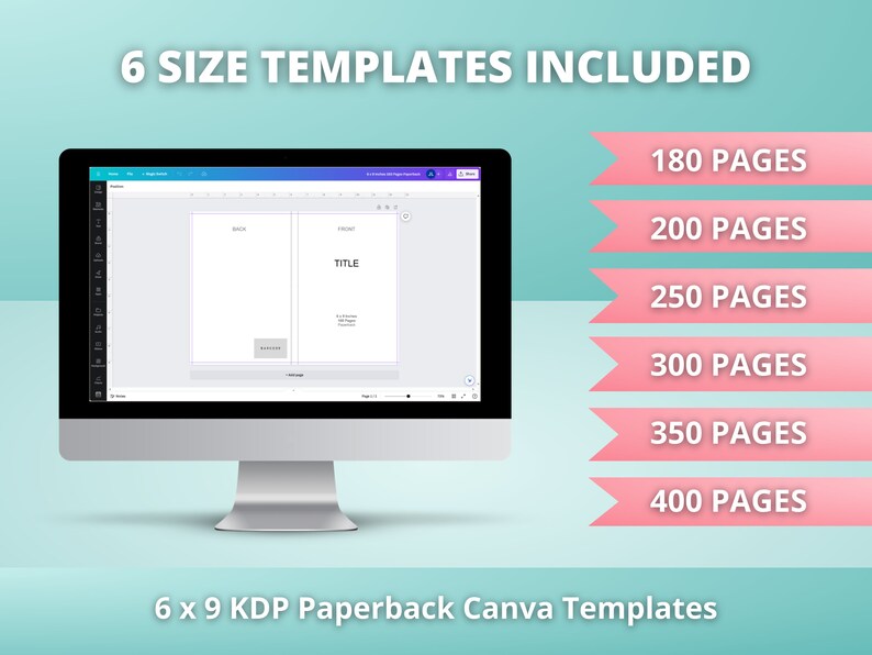 May include: A computer screen displaying a Canva design template for a 6 x 9 inch paperback book. The template shows a front and back cover with the word "TITLE" on the front cover. The image also includes a list of page counts for different book sizes: 180 pages, 200 pages, 250 pages, 300 pages, 350 pages, and 400 pages.