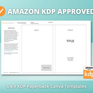 May include: A white template for a 6 x 9 inch paperback book cover with 200 pages. The template is divided into two sections, one for the front cover and one for the back cover. The front cover has the text "TITLE" and the back cover has the text "BACK". The template also includes a barcode area and the Amazon KDP logo.