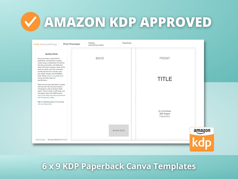 May include: A white template for a 6 x 9 inch paperback book cover with 200 pages. The template is divided into two sections, one for the front cover and one for the back cover. The front cover has the text "TITLE" and the back cover has the text "BACK". The template also includes a barcode area and the Amazon KDP logo.