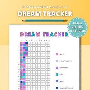 Pode incluir: Um gráfico de rastreamento de sonhos imprimível com uma grade para cada mês do ano. O gráfico é codificado por cores para rastrear diferentes tipos de sonhos, incluindo felizes, engraçados/estranhos, recorrentes, tristes, assustadores e não consigo lembrar.