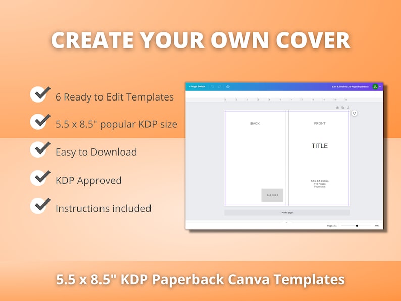 May include: A Canva template for creating a book cover. The template is for a 5.5 x 8.5 inch paperback book. The template includes a front and back cover, with a title placeholder on the front cover. The template is easy to download and use, and it is KDP approved.