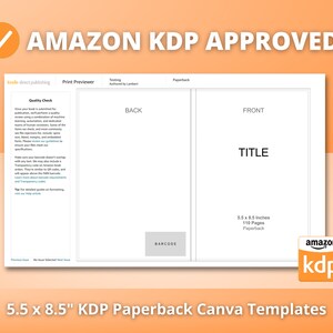 May include: A white template for a 5.5 x 8.5 inch paperback book cover. The front cover has the text "TITLE" and the back cover has the text "BACK". The template is approved for use with Amazon KDP.
