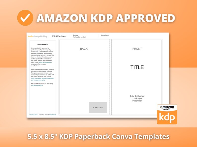 May include: A white template for a 5.5 x 8.5 inch paperback book cover. The front cover has the text "TITLE" and the back cover has the text "BACK". The template is approved for use with Amazon KDP.