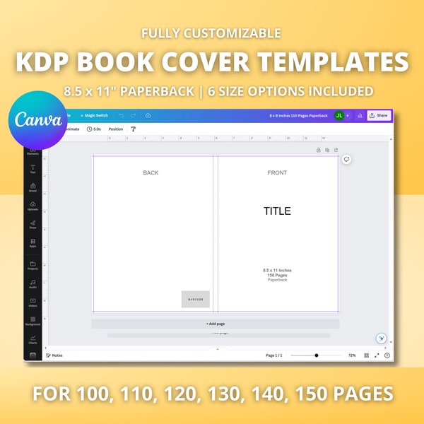 8.5x11" Canva KDP Book Cover Templates | 100, 110, 120, 130, 140, 150 Pages | Ready to Edit Canva | Amazon KDP Approved