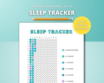 May include: Printable sleep tracker chart with a grid of circles for each day of the year. The chart is colour-coded to track sleep duration, with different colours representing 4-5 hours, 5-6 hours, 6-7 hours, 7-8 hours, 8-9 hours, and 9 hours or more.
