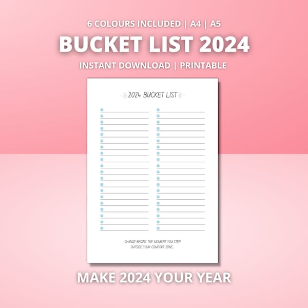 2024 Bucket List | Printable Bucket List Template | Dream Bucket List | Goal Checklist 2024 | Travel Checklist Template | 2024 Goal Planner