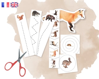 Kindergarten Cutting Activities - Practice scissors IEF - Montessori - Animals of the forest - to print - French English
