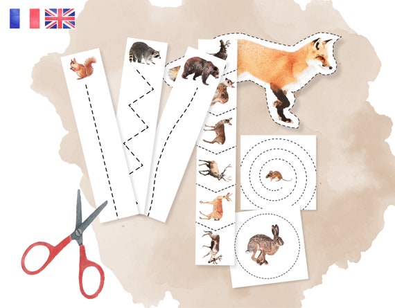 Activités Découpage Maternelle - Pratique ciseaux IEF - Montessori - Animaux de la forêt - à imprimer - Français Anglais