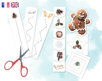 Preschool Cutting Activities - Scissors Practice - Homeschooling - Montessori - Winter - French English