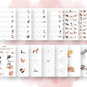 May include: A printable worksheet for kids featuring farm animals. The worksheet includes tracing lines, matching shapes, and a matching game. The animals include a duck, cow, pig, rabbit, horse, chicken, donkey, and a sheep.
