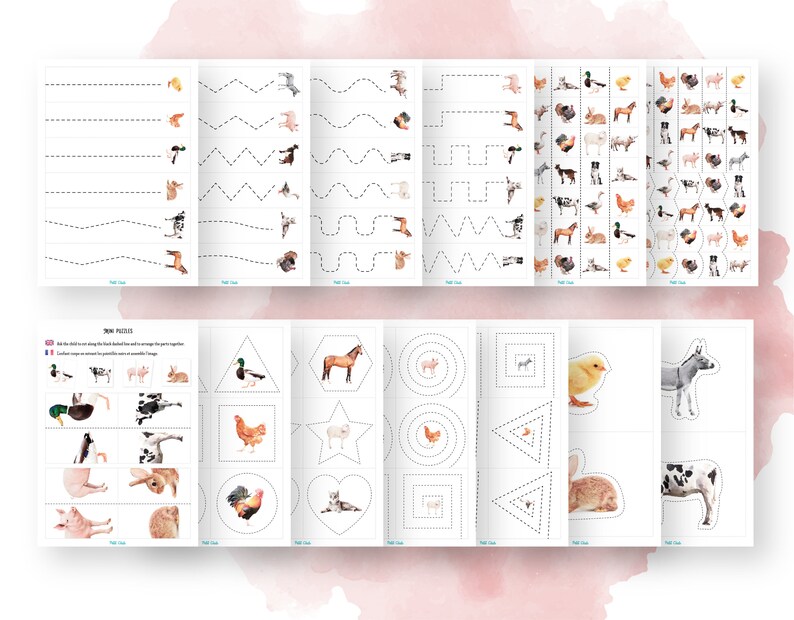 May include: A printable worksheet for kids featuring farm animals. The worksheet includes tracing lines, matching shapes, and a matching game. The animals include a duck, cow, pig, rabbit, horse, chicken, donkey, and a sheep.