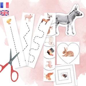 Activités Découpage Maternelle - Pratique ciseaux IEF - Montessori - Animaux de la ferme - à imprimer - Français Anglais