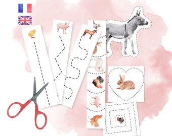 Actividades de corte para jardín de infantes - Práctica de tijeras IEF - Montessori - Animales de granja - para imprimir - Francés Inglés