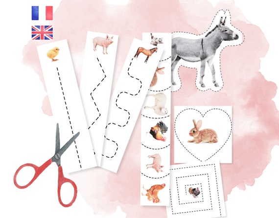 Activités Découpage Maternelle - Pratique ciseaux IEF - Montessori - Animaux de la ferme - à imprimer - Français Anglais