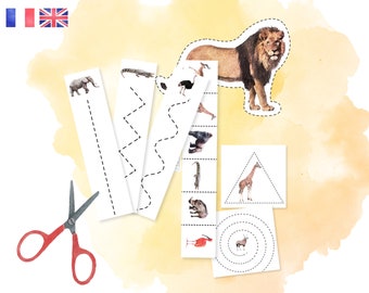 Kindergarten Cutting Activities - Practice scissors IEF - Montessori - Animals of the savannah - to print - French English