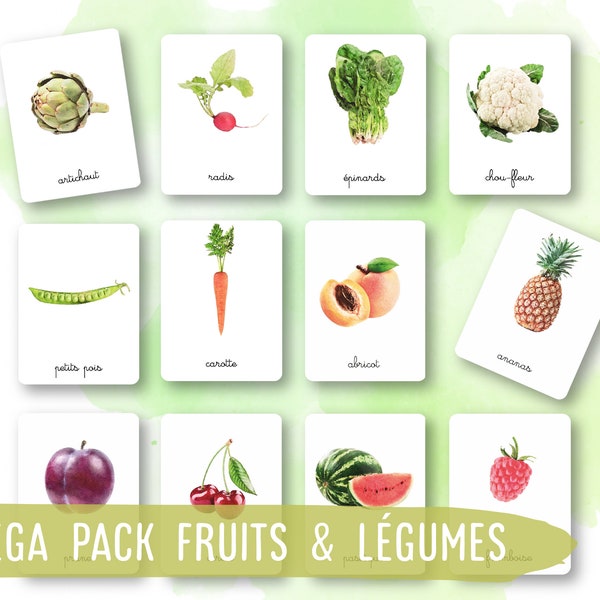 MEGA PACK Cartes Montessori - Fruits & légumes - Français - Images classifiées -Aquarelle - IEF - Ecole à la maison