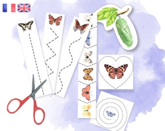 Kindergarten Cutting Activities - Practice scissors IEF - Montessori - Butterflies - to print - French English