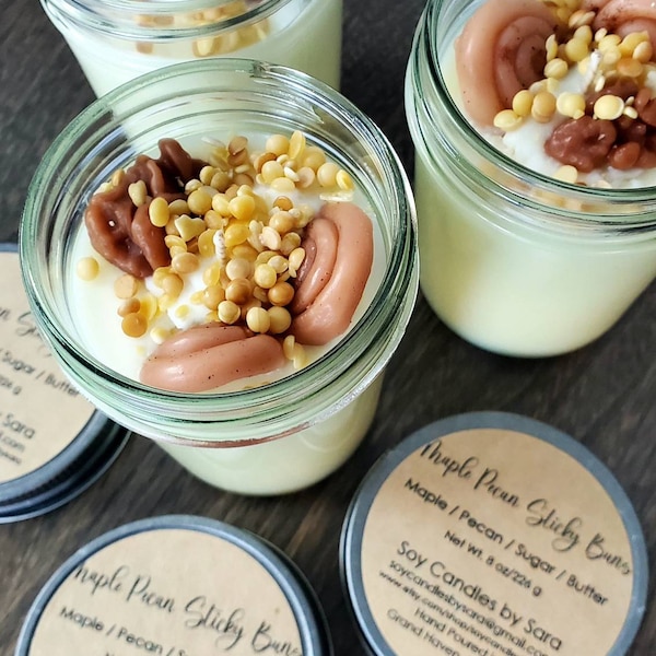 8 ounce Candle, Soy Wax Candle, Glass Jar Candle, Jelly Jar Candle, Pewter Metal Lid, Bakery Candle, Wax Embeds, * Maple Pecan Sticky Buns *