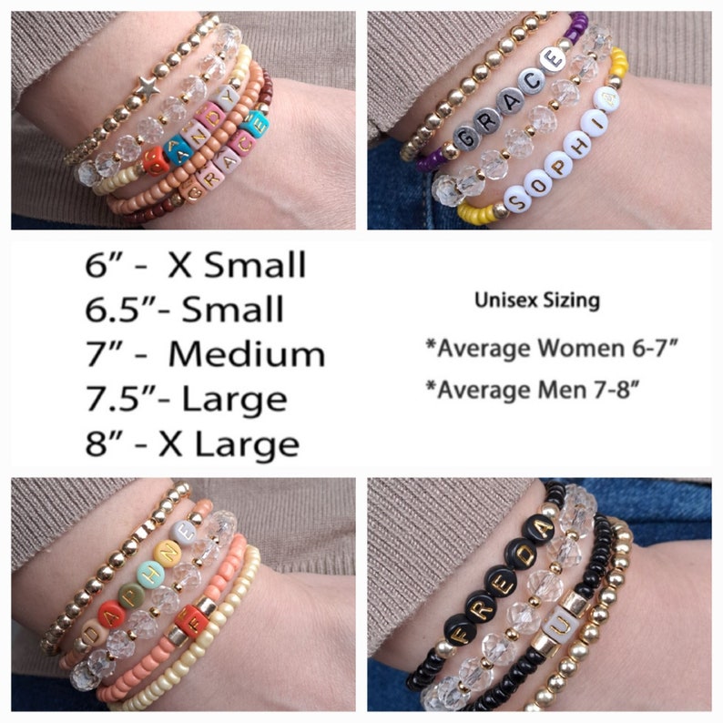 May include: Four different sets of beaded bracelets with gold beads and letter beads spelling out names. The bracelets are shown on a person's wrist. The sizing chart shows that the bracelets are available in sizes 6 inches, 6.5 inches, 7 inches, 7.5 inches, and 8 inches.