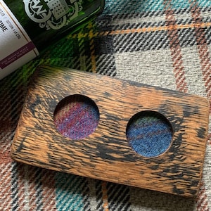 WHISKY TASTING Flight Tray for 2 Whisky Glasses, Glencairn Glasses Option, Harris Tweed® Inserts, Genuine Oak Whisky Stave, Whisky Gift