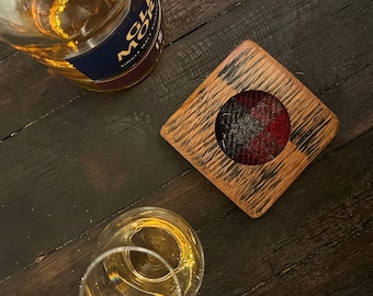 Oak Stave WHISKY COASTER with Glencairn Glass Option, Harris Tweed® Insert, Recycled Scotch Whisky Stave, Whisky Lover Gift