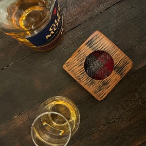 Perfect Whisky Gift, Oak WHISKY COASTER made from genuine Whisky Staves - Glencairn Glass Option, Choice of Harris Tweed® Insert