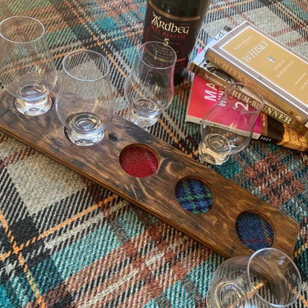 WHISKY TASTING FLIGHT Tray for Five Whiskies Glencairn Glasses Option, Harris Tweed® Inserts, Recycled Oak Whisky Barrel, Whisky Lover Gift