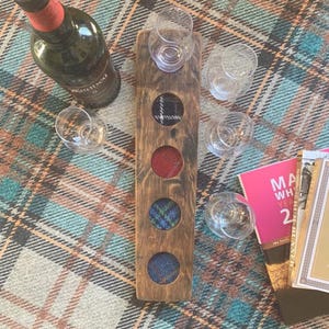 WHISKY TASTING FLIGHT Board for 5 Glencairn Whisky Glasses. Harris Tweed® Inserts, Recycled Oak Whisky Barrel, Whisky Gift image 1