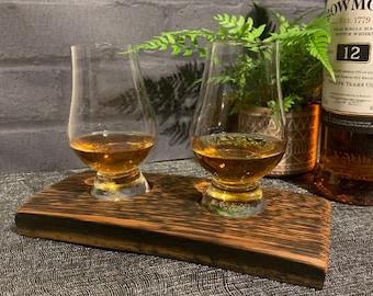 WHISKY TASTING Flight Tray for 2 Whisky Glasses, Glencairn Glasses Option, Harris Tweed® Inserts, Genuine Oak Whisky Stave, Whisky Gift