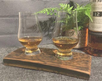 WHISKY TASTING Flight Tray for 2 Whisky Glasses, Glencairn Glasses Option, Harris Tweed® Inserts, Genuine Oak Whisky Stave, Whisky Gift