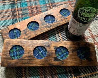 Whisky Gift, WHISKY FLIGHT BOARD for 4 Whisky Glasses - Glencairn Glass Option, Choice of Harris Tweed® Inserts, Whisky Bourbon Barrel Stave