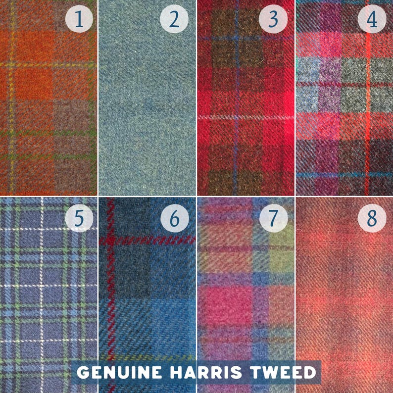 May include: Eight different swatches of Harris Tweed fabric in various colors and patterns, including red, blue, green, and gray. The swatches are labeled with numbers 1 through 8. The text "GENUINE HARRIS TWEED" is printed below the swatches.
