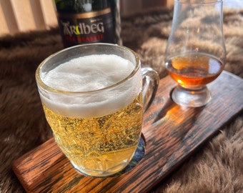 Regalo de whisky, duela de degustación Hauf N' Hauf para cerveza y whisky, con vasos, insertos Harris Tweed®, hecha de duela de whisky de roble genuino