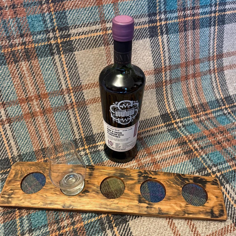 WHISKY TASTING FLIGHT Board for 5 Glencairn Whisky Glasses. Harris Tweed® Inserts, Recycled Oak Whisky Barrel, Whisky Gift image 2